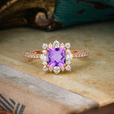 Princess Cut 1.2 Carat Amethyst Pave Ring Halo Engagement Ring